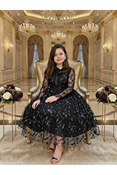 BİLGEN Style Rochie de seară lungă pentru fete, cu dantelă și imprimeu cu frunze