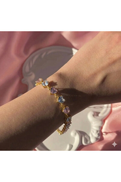 GUNESTAKI Pinterst Model Gold Pembe Kalpli Zirkon Taşlı Çelik Bileklik