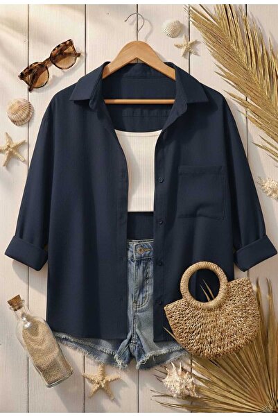 Modabenna Mornarsko plava džepna pamučna košulja od platna Loose Off Shoulder...