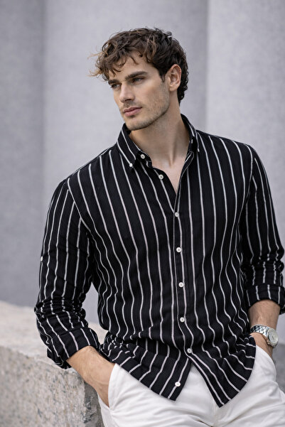 Valiberta Scorsese prugasta opuštena muška košulja - crna