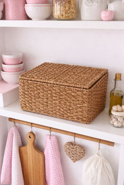 NEWNOW Straw 2-Compartment Lidded Organizer Basket, Modern Straw Basket