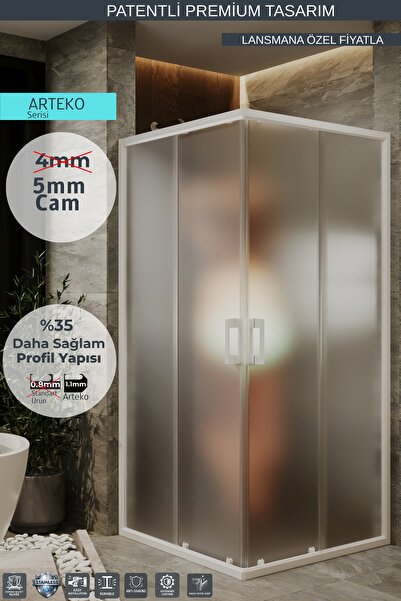 MONAQUA Arteko Duşakabin Kare - Beyaz Profil - Satine Buzlu 5mm Temperli Cam