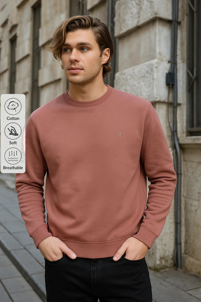 COMBİNE MİCHAİL سويت شيرت رجالي ذو ياقة دائرية بلون البودرة