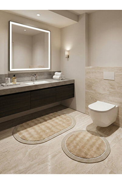 Konak Halı Modern Jüt Halat Çerçeveli Peluş Banyo Halı Seti Kaymaz Taban 2’li...
