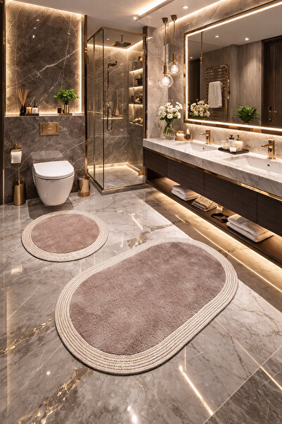 Konak Halı Modern Jüt Kenar Çerçeveli Peluş Banyo Halı Seti Kaymaz Taban Vizo...