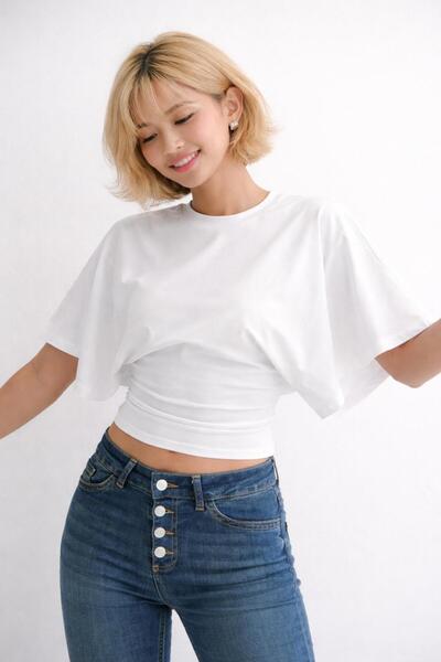 Avakado Beyaz Bluz Bele Oturan Toparlayıcı, Geniş Kollu Üst