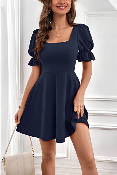 segrock فستان كريب متوسط الطول بأكمام بالون للنساء باللون الأزرق الداكن