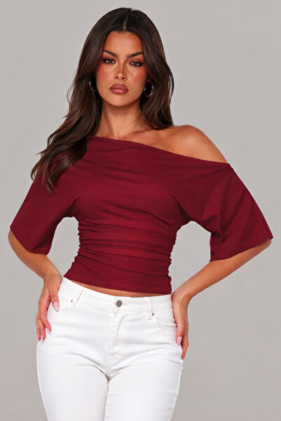 Edela Ασύμμετρο γιακά με κοντό μανίκι Ελαστικό Claret Red Γυναικεία Μπλούζα