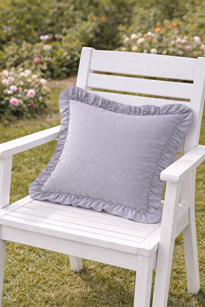 ÇIQRIK HOME 100% Cotton Gray Ruffled Decorative Throw Pillow Cover – 43X43 cm...