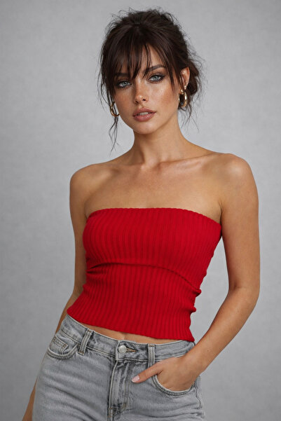 Be Best Women's Red Strapless Knitwear Blouse Be334