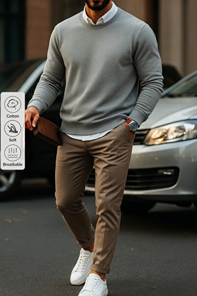 COMBİNE MİCHAİL Erkek Basic Bisiklet Yaka Gri Bol Sweatshirt