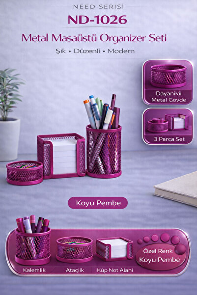 Masaüstü Perfore 3'lü Parlak Pembe Kalemlik Seti ND-1026