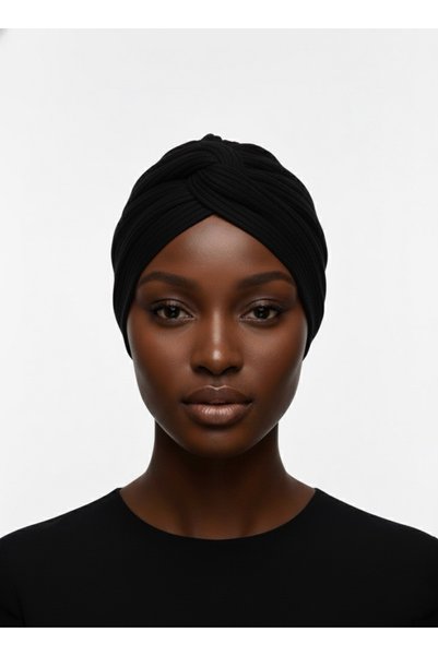 elysianfidan Agraf Pleated Black Ready-To-Wear Turban Hijab Cap Suitable for Medical Use