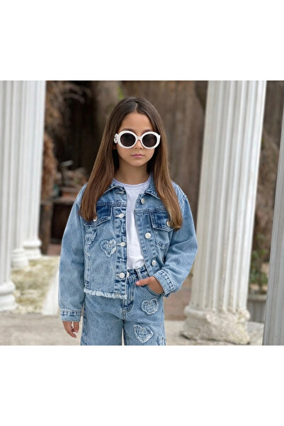 DUDOR KİDS Kız Çocuk Kalpli Eskitmeli Mavi Kot Ceket-Jeans Ceket/Kot Mont-Jea...
