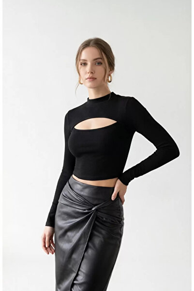 R ROCKBLACK Bluză neagră decolteu adânc cu mânecă lungă și decupaje crop pent...