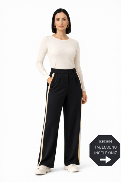 trendalisse Crna palazzo tkanina - bočne pruge i Nabrano Široke nogavice pant...