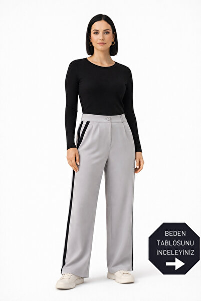 trendalisse Siva palazzo tkanina - bočne pruge i Nabrano Široke nogavice pant...