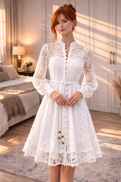 ahanora Boydan düğmeli astarlı balon kol tül elbise