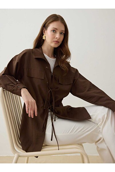 Refka Modal Bluzna / košulja sa sjajnim vezivanjem i detaljima - Smeđa -