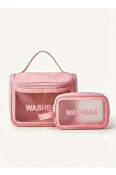 TRENZ طقم حقيبة غسيل مع حقيبتي مكياج باللون الوردي