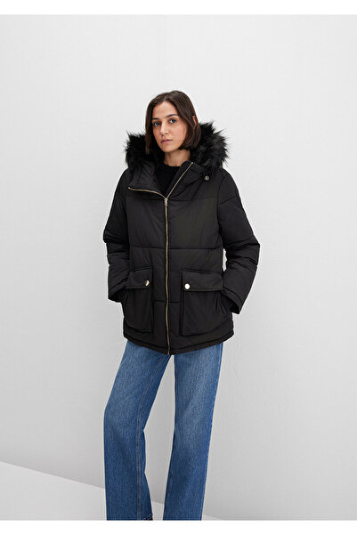 Mavi Черно пухено палто с детайли от изкуствена кожа 1110100-900