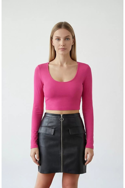 R ROCKBLACK Bluză cu mânecă lungă fucsia pentru femei decolteu pătrat crop – ...