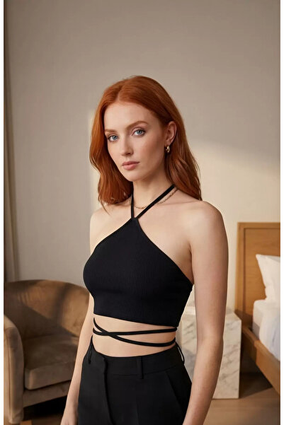 R ROCKBLACK Bluză neagră pentru femei, cu spatele gol și decolteu încrucișat ...