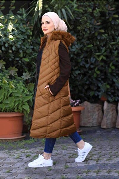 TRENDTESETTÜR KADIN KAHVE (CAMEL) KAPÜŞONLU KAPİTONE ŞİŞME YELEK 0021
