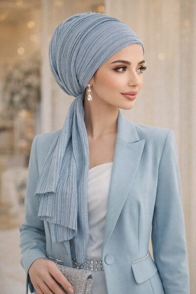 Aişe tesettür Bebe Mavi Simli Piliseli Abiye Atkılı Bone