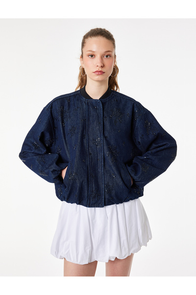 Koton Taş Detaylı Uzun Kollu Düğmeli Yuvarlak Yaka Denim Ceket