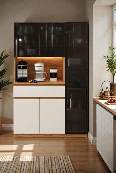 Avmpark Sofia Kahve Köşesi+Tek Kapaklı Kiler Dolabı Çok Amaçlı Füme Camlı Led...