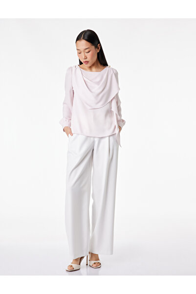 Koton Flowy Shawl Collar Metal Accessory Pearl Detailed Long Sleeve Satin Blouse