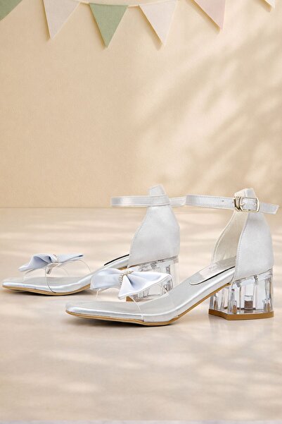 hapshoe Jessie Silver Satin - Κοριτσίστικα παπούτσια με τακούνι με κορδέλα