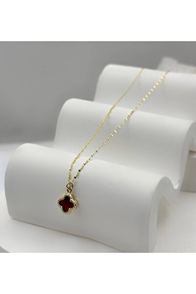 DİAMİNE PIRLANTA 14 Ayar Altın Bordo Taşlı Yonca Kolye ( 8mm )