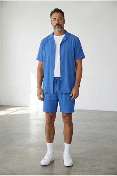 Altamira Men's Indigo Short Sleeve Shirt Shorts Wrap Suit