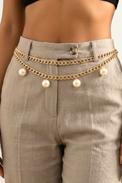 PETEK AKSESUAR Gold Renk Incili 2 Kat Zincir Bel Zinciri Kemer