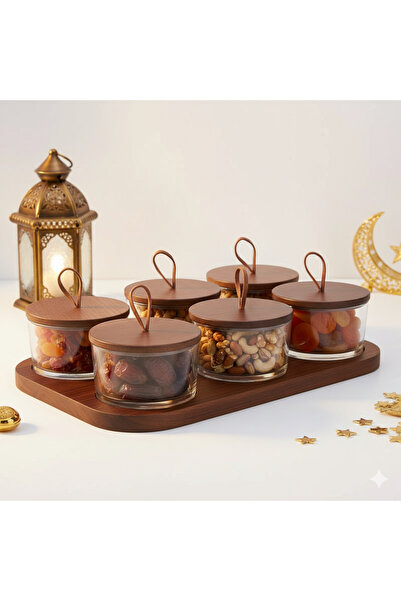 KB ٦ برطمانات تخزين زجاجية محكمة الإغلاق مع صينية خشبية، منظم للتمر/المكسرات ...