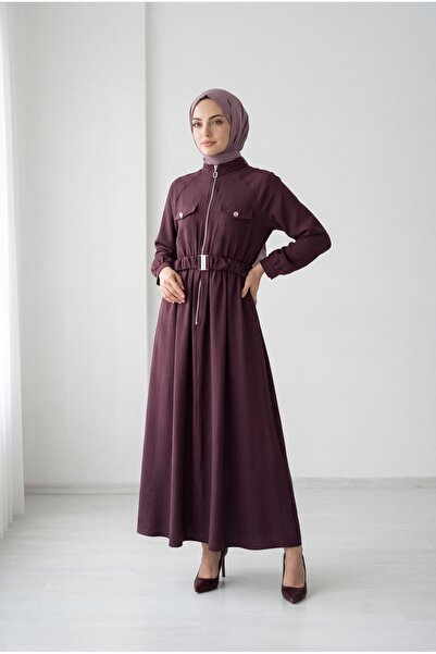 MİHRA STORE Efnan curea i cu încrețituri Rochie dublă cu fermoar pe jumătate ...