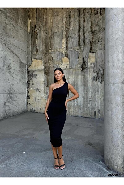 Modafeminen One Shoulder Design Sandy Fabric Dress Black 583260