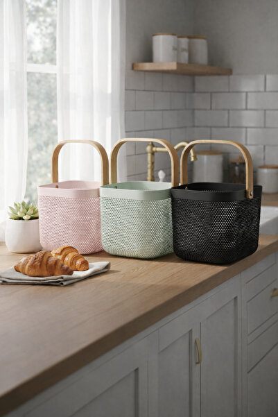 Vadi Beyaz Ahşap Saplı Kare Metal Tel Sepet Organizer Modern Dekoratif Sunum ...