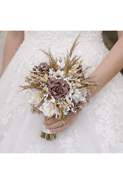 Gold Moda Wedding Gelin El Çiçeği Buketi Kahverengi ve Beyaz |Hediyeli Ürün