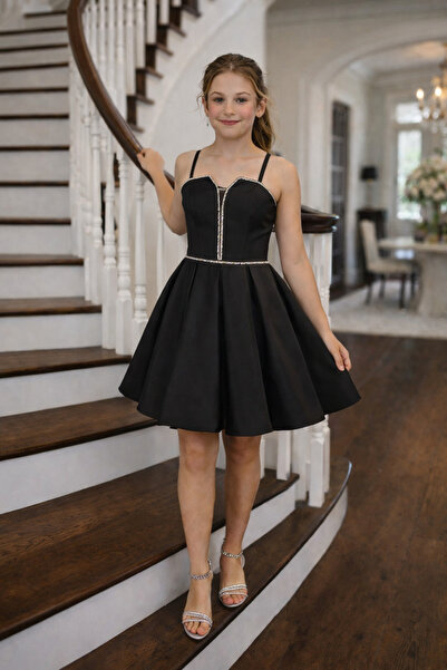 Erkut Kız Çocuk Krep Kumaş Kısa Siyah Renk Abiye Elbise