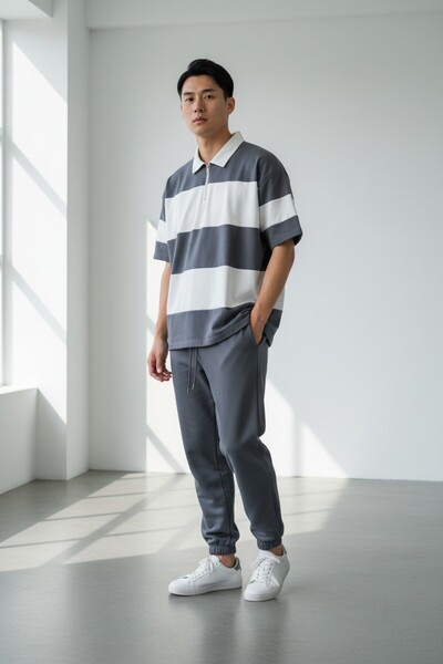 Altamira Ανδρικό σετ φόρμας με καπνιστό ριγέ Oversize με μισό φερμουάρ και ελ...