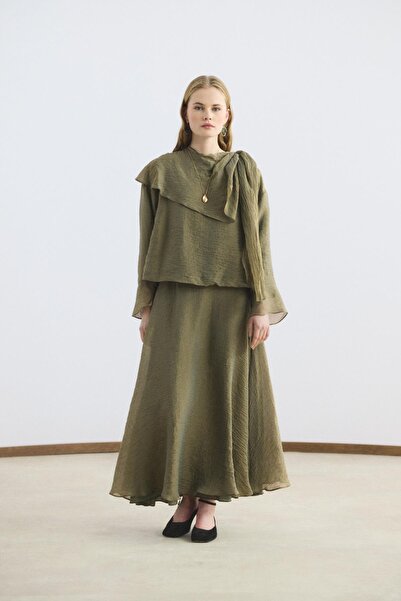 KADRİYE BAŞTÜRK Şal Yaka Gömlek Etek Takım Zeytin