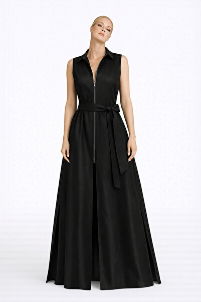 MERT ERKAN Front Separated Zipper Detail & Belted Sleeveless Maxi Taffeta Dress