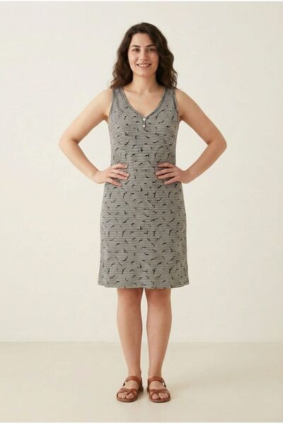 Flamingo Kadın Siyah Çizgili Kuş Desenli Pamuklu Sıfır Kol Elbise - Rahat Kal...