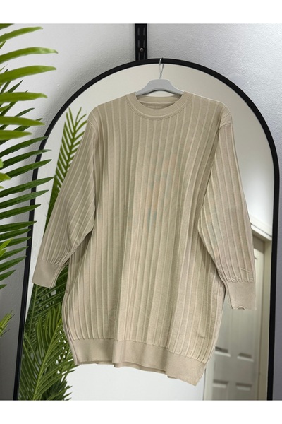 ÖZNE BUTİK Women's Soft Mercerized Line-Textured Crew Neck Tunic