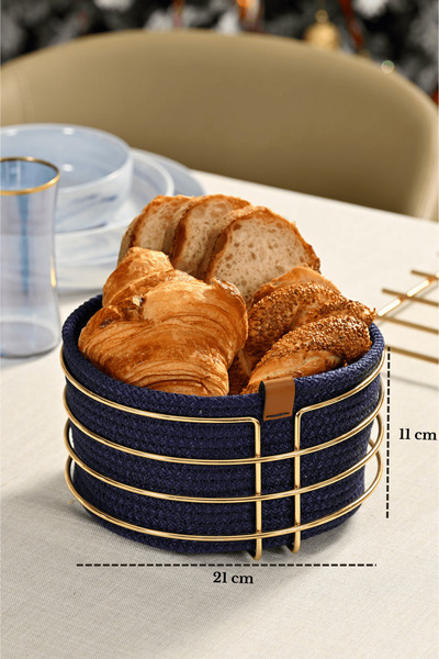 Edora Home Stylish Navy Blue Wicker Knitted - Gold Round Bread Basket, Macram...