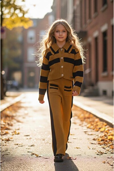 Hilal Akıncı Kids Girl's Striped Gold Buttoned Knitwear Cardigan Pocket Trous...