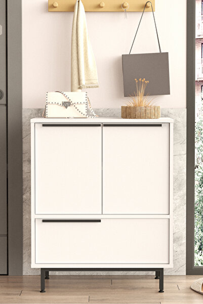 Yurudesign Ocean Ayakkabılık Çok Amaçlı Dolap 3 Kapaklı Metal Ayaklı Beyaz